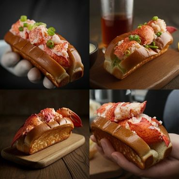 Four images of gourmet lobster rolls with fresh lobster meat on toasted buns.