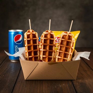 Three waffle sticks in a box with Pepsi and Lay's chips in the background.