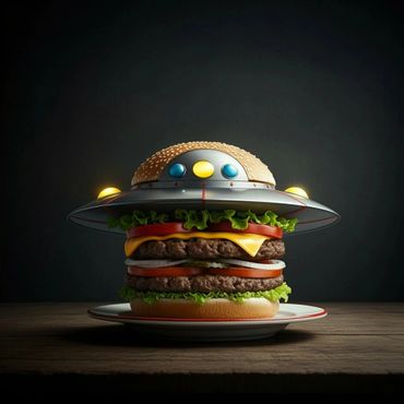A cheeseburger designed to look like a UFO, with lights and metallic details.