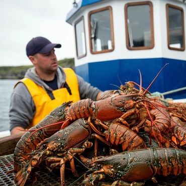 Fisherman in yellow overalls with freshly caught lobsters on a boat.