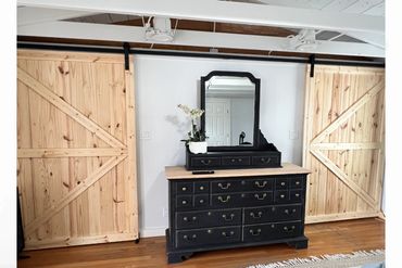 Custom barn doors, paint for vintage dresser