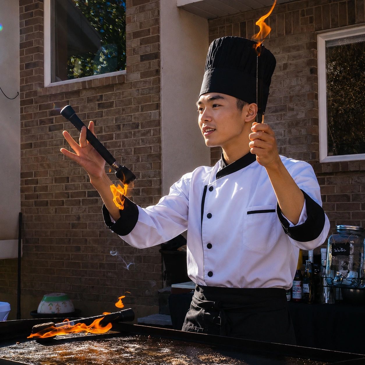 Chef performing a fiery cooking technique outdoors.