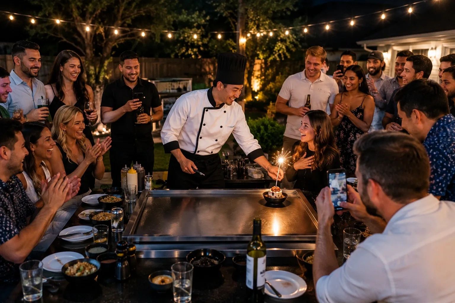 Chef surprises a woman with a dessert and sparkler at a lively outdoor party.