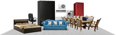 Living room with blue sofa, black wardrobe, dining table, and appliances.