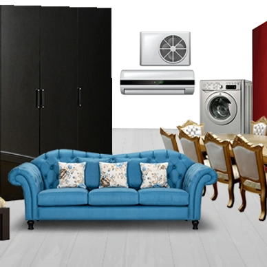 Living room with blue sofa, black wardrobe, dining table, and appliances.