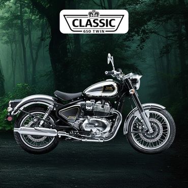 Royal Enfield Classic 650 Twin motorcycle showcased against a forest backdrop.