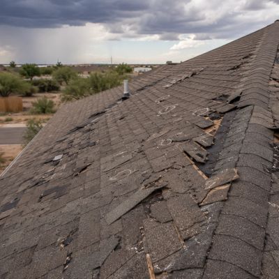 Damaged roof shingles on a house under a cloudy sky.