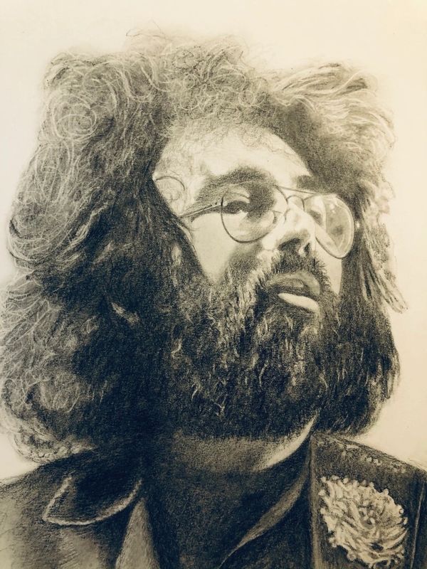 Detailed pencil sketch of a bearded man with glasses.