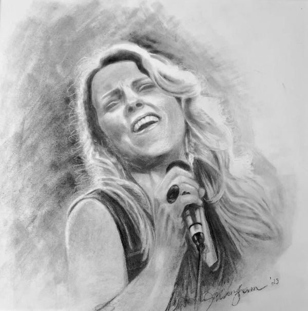 Charcoal portrait of a woman singing passionately.
