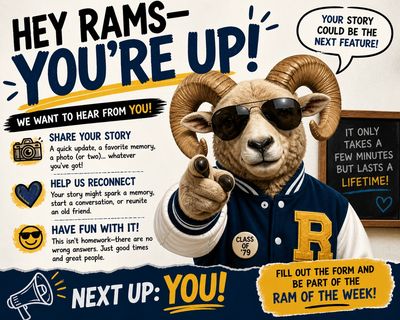 A ram mascot encourages students to share stories and be featured as Ram of the Week.