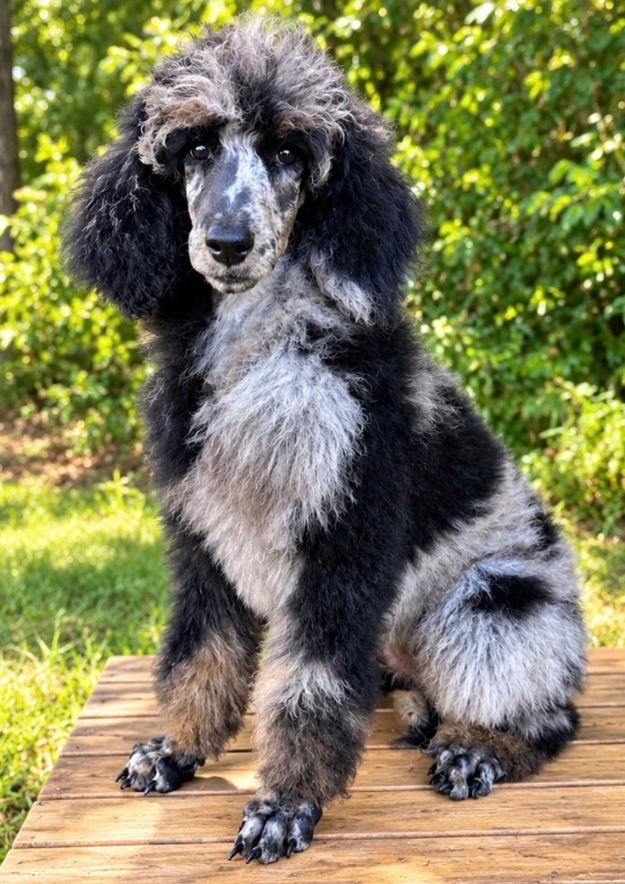 Black and white poodle puppy sitting outdoors.