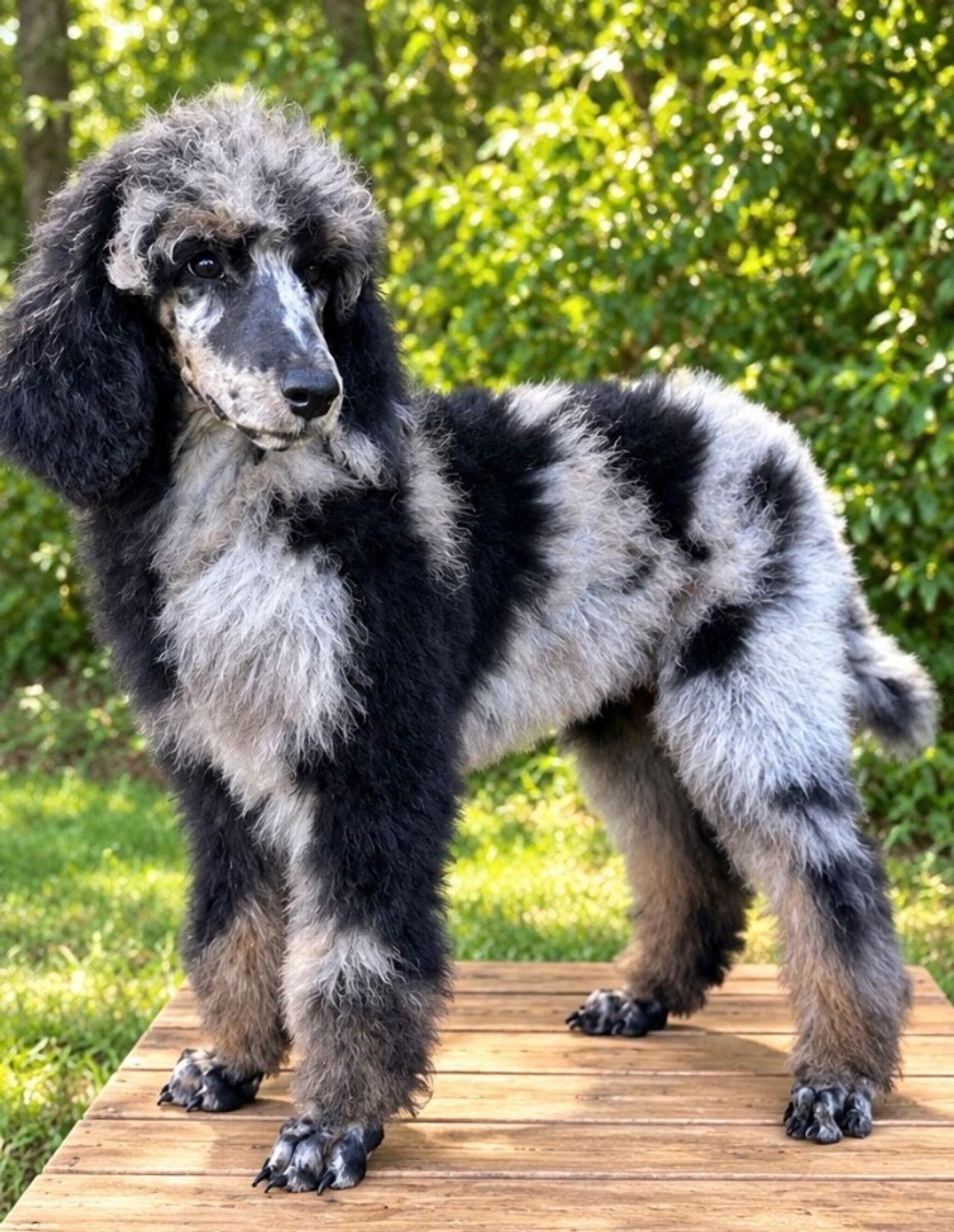 Black and white poodle standing outdoors.