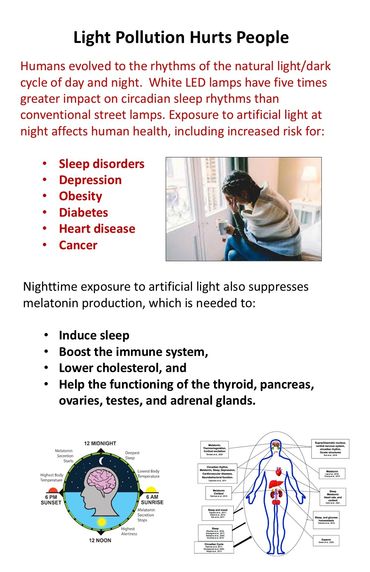 Poster shows how light pollution contributes to obesity, heart disease, diabetes, and depression.