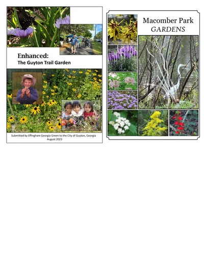 Two community garden designs with native plants; wildlife; rain, pollinator, and children's gardens.