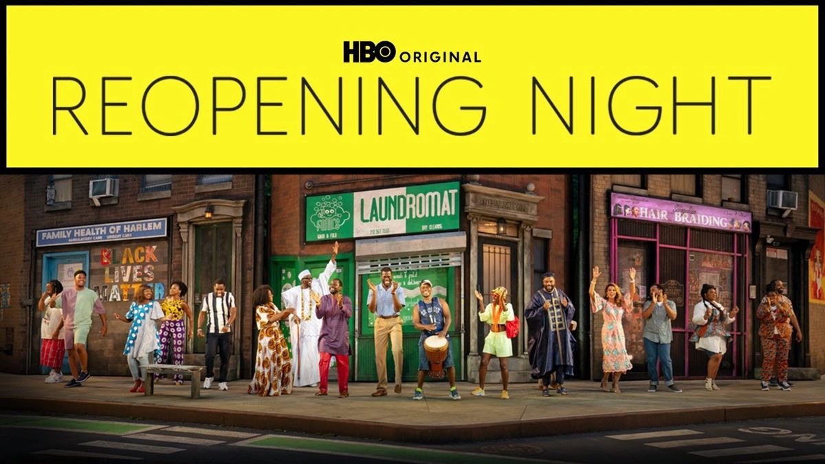 Cast of HBO's Reopening Night standing in front of a Harlem street scene.