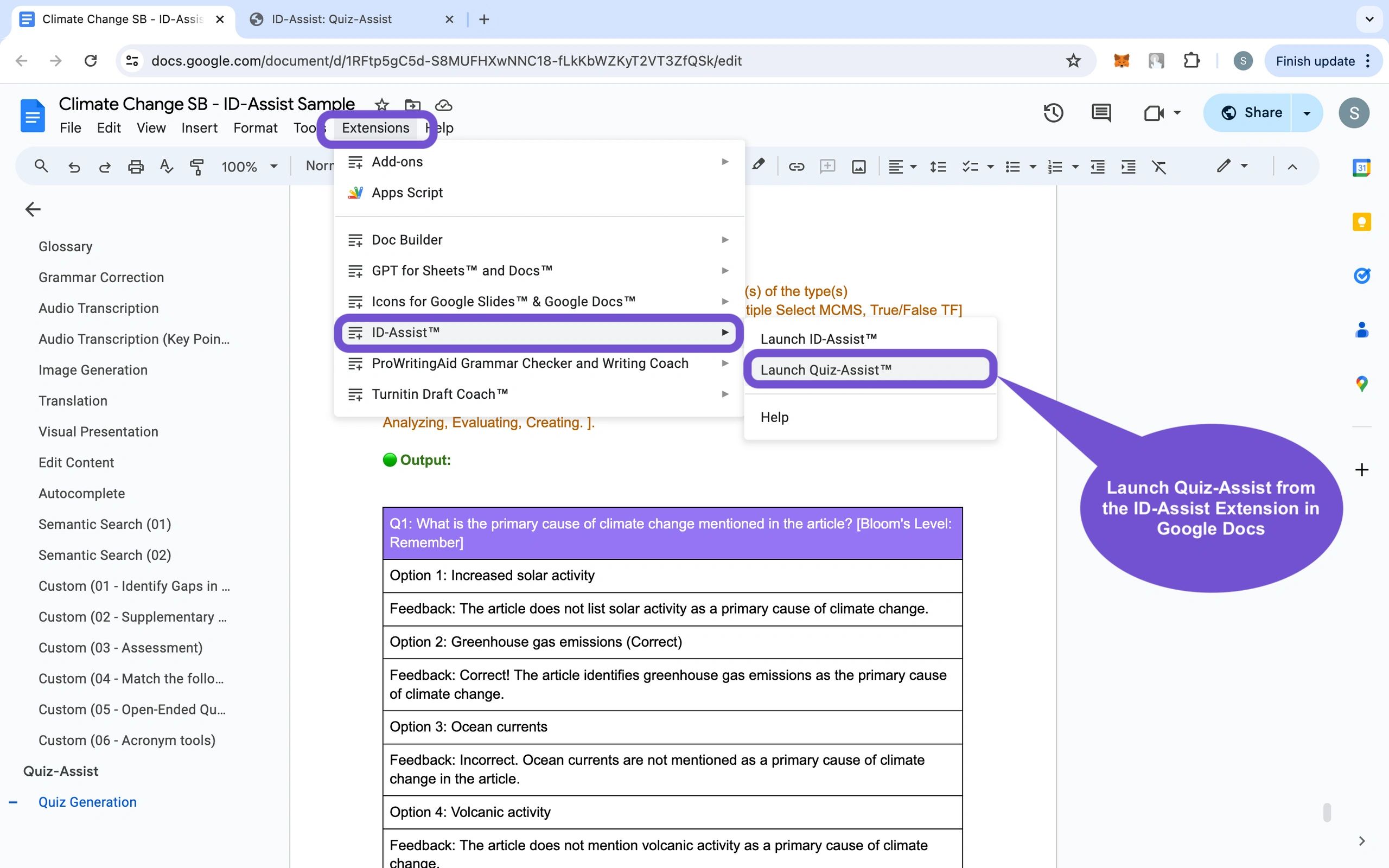 Launch Quiz-Assist from within the ID-Assist Menu Options in Google Docs