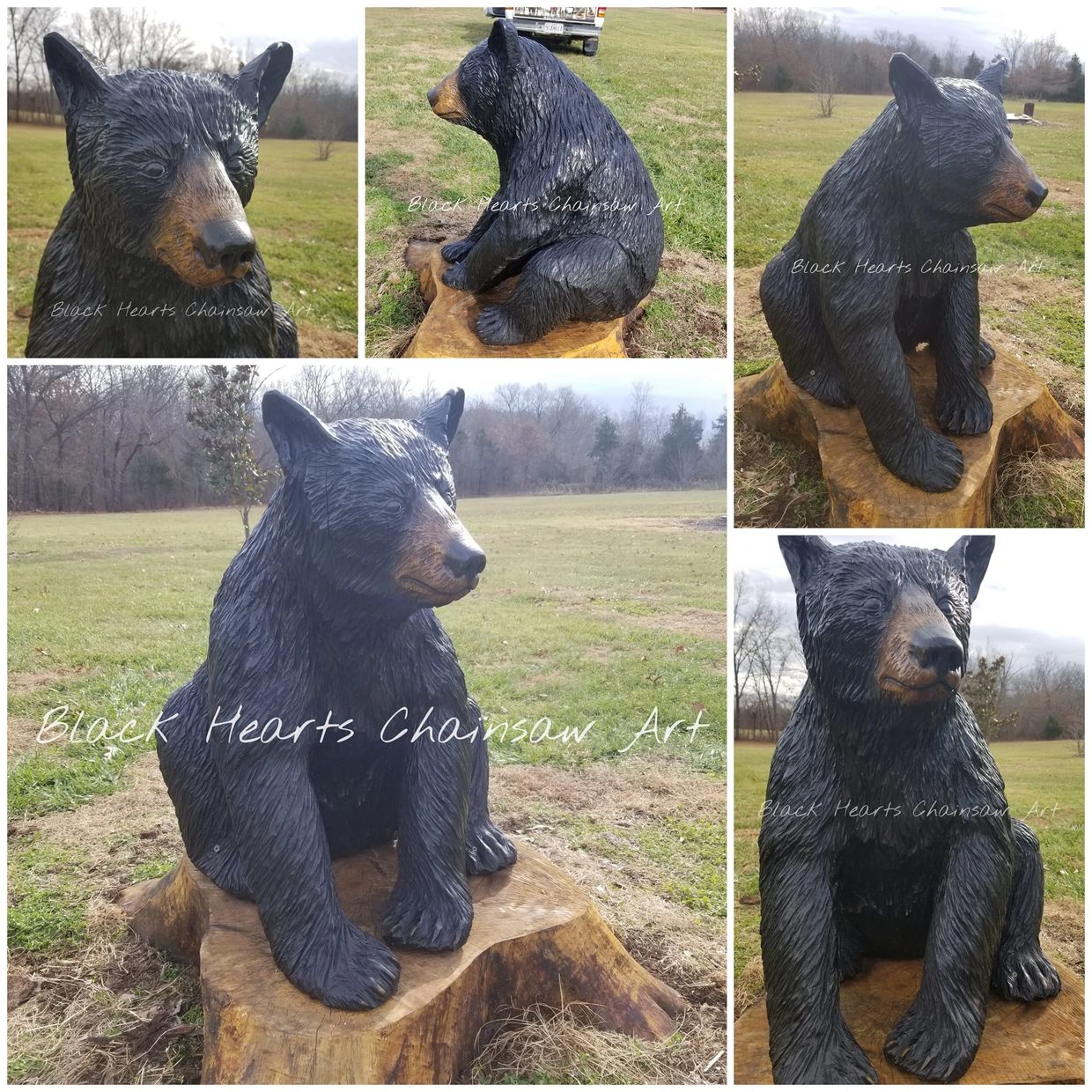 Bear cub Chainsaw carving black hearts chainsaw art midwest artist sculpture st. louis art gallery