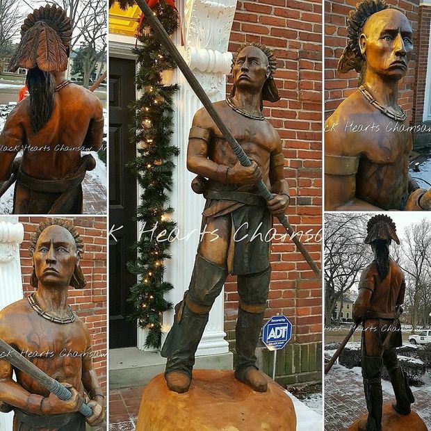 Life Size Native American Warrior Wood Sculpture - American Indian Chainsaw Carving Statue Cigar
