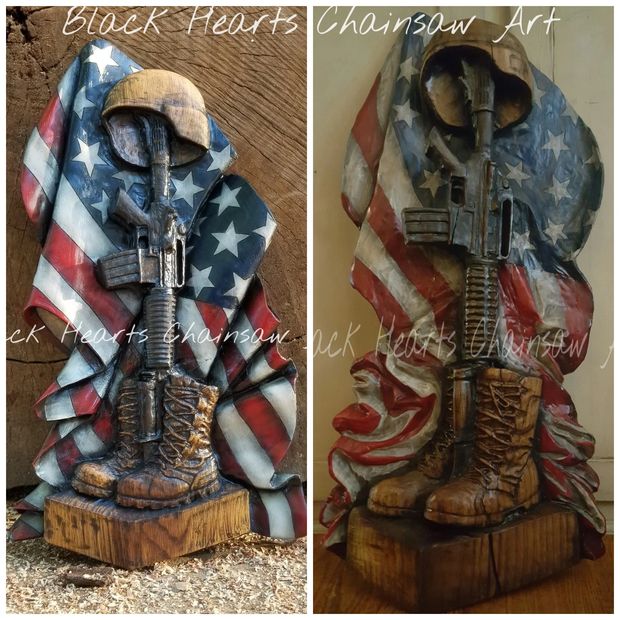 Battle Cross Sculpture by Black Hearts Chainsaw Art - Wood Carving Soldiers Memorial American Flag