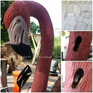 Wooden Hand Carved Full Size Pink Flamigno Sculpture by Black Hearts Chainsaw Art