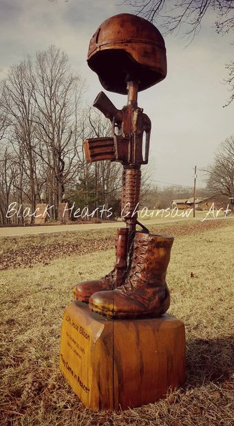 Battle Cross Sculpture by Black Hearts Chainsaw Art - Wood Carving Soldiers Memorial