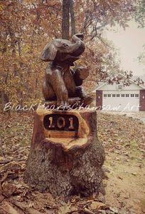 Wooden Hand Carved Sitting Elephant Sculpture - Chainsaw Carving -