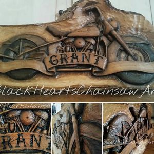 50' Panhead Harley Motorcycle Relief Carving Black Hearts Chainsaw Art St. Louis Missouri