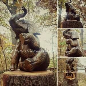 Wood Elephand Sculpture Hand Carved sitting elephant Chainsaw Carving near St Louis Missouri 