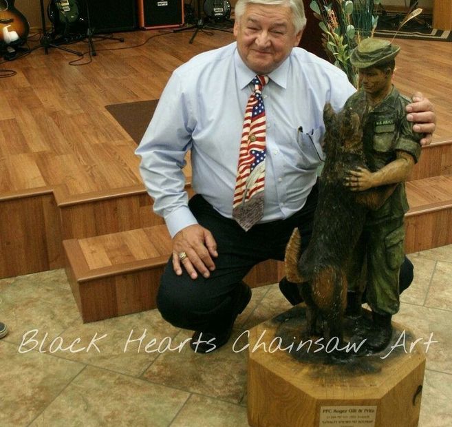 Vietnam Soldier K9 Sculpture by Black Hearts Chainsaw Art - Wood Carving Soldiers Memorial