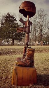 Battle Cross Sculpture by Black Hearts Chainsaw Art - Wood Carving Soldiers Memorial