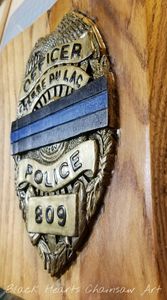 Hand Carved Relief Carving Thin Blue Line Fallen Officer Police Badge St Louis, Mo Black Hearts