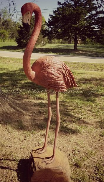 Wood Handcarved Fullsize Pink Flamigno Sculpture Black Hearts Chainsaw Art chainsaw carving St Louis