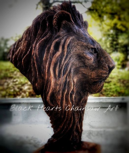 Wooden Handcarved Lion Bust Sculpture by Black Hearts Chainsaw Art - Chainsaw Carving