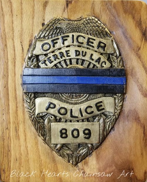Thin Blue Line; Fallen Officer Badge; Relief Chainsaw Carving Black Hearts Chainsaw Art St Louis