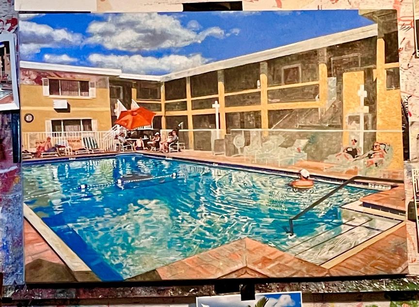 Sandcastle Beach Club art original Florida oil painting.