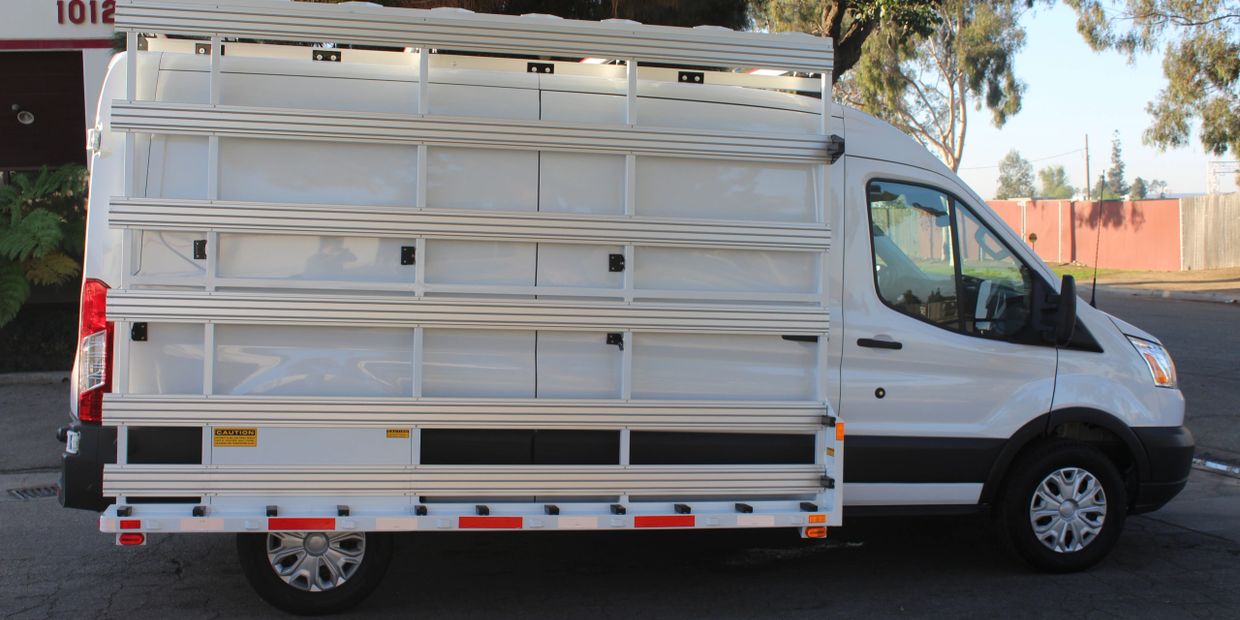van-mounted weldco glass rack on a ford transit