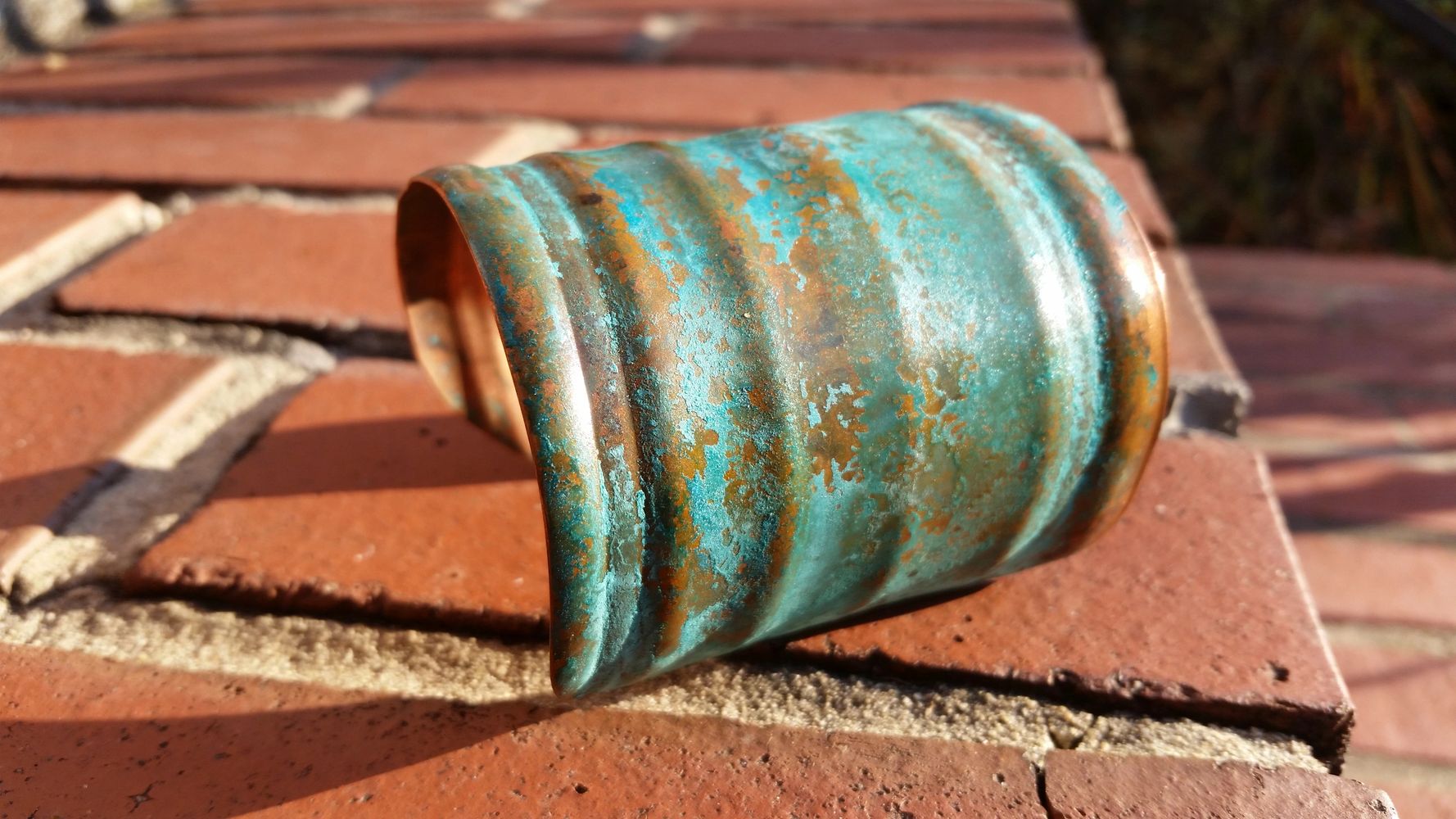 Recycled, folded, hammered, patina, handcrafted, cuff bracelet, copper.
