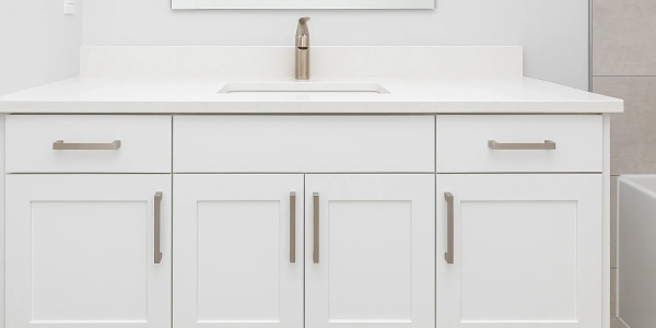 White bathroom vanity with sink and bronze faucet.