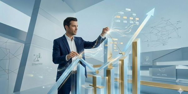 Businessman analyzing rising data charts with futuristic digital interface.