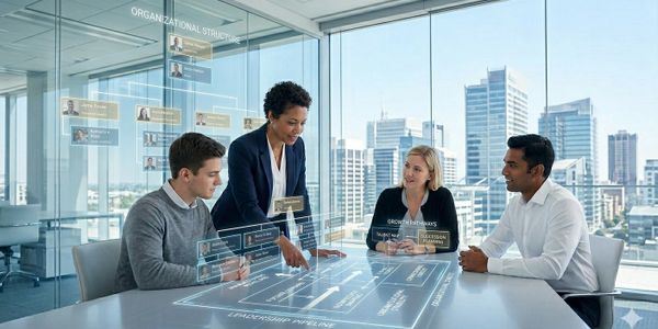 Four professionals collaborate using futuristic holographic technology in a modern office.
