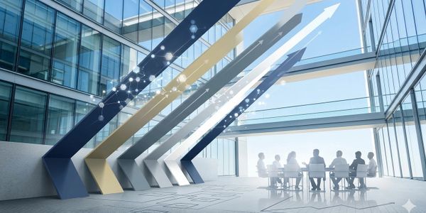 Business meeting with upward arrows symbolizing growth and progress.