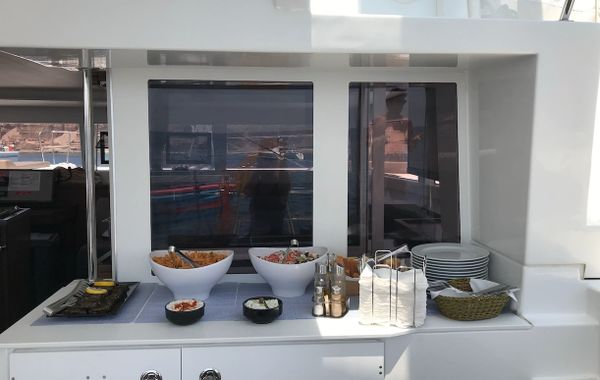 Lunch on our catamaran, Oia, Santorini