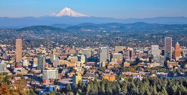 City of Portland with Mount Hood in the background.