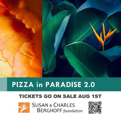 Promotional image for Pizza in Paradise 2.0 event with ticket sale date and foundation logo.