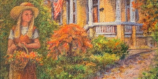 Painting of a woman in a garden with autumn foliage near a house.