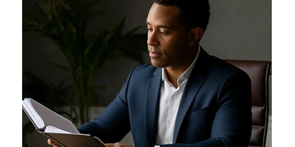 Professional man in a suit reading a notebook at a wooden desk.