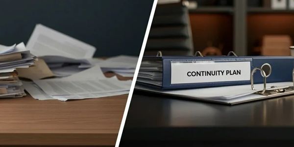 Comparison of a cluttered desk and an organized desk with a continuity plan binder.