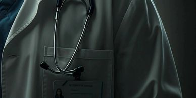 Close-up of a doctor wearing a white coat and stethoscope in a dimly lit setting.