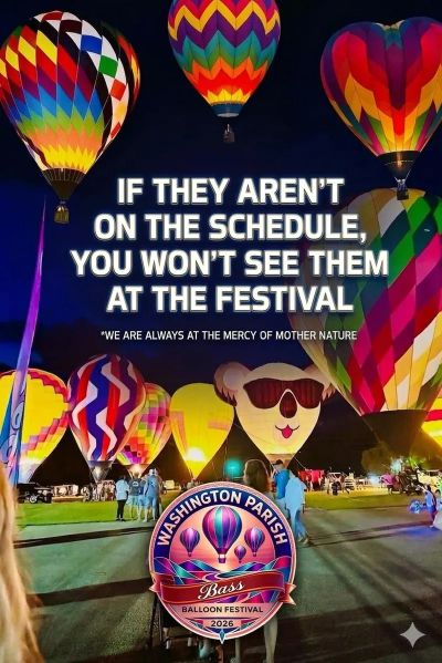 Colorful hot air balloons at a nighttime festival with a cautionary message about the schedule.