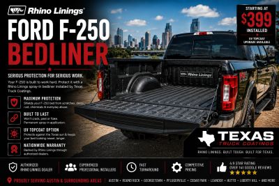 ford f250 with spray in bedliner rhino linings. Texas Truck Coatings